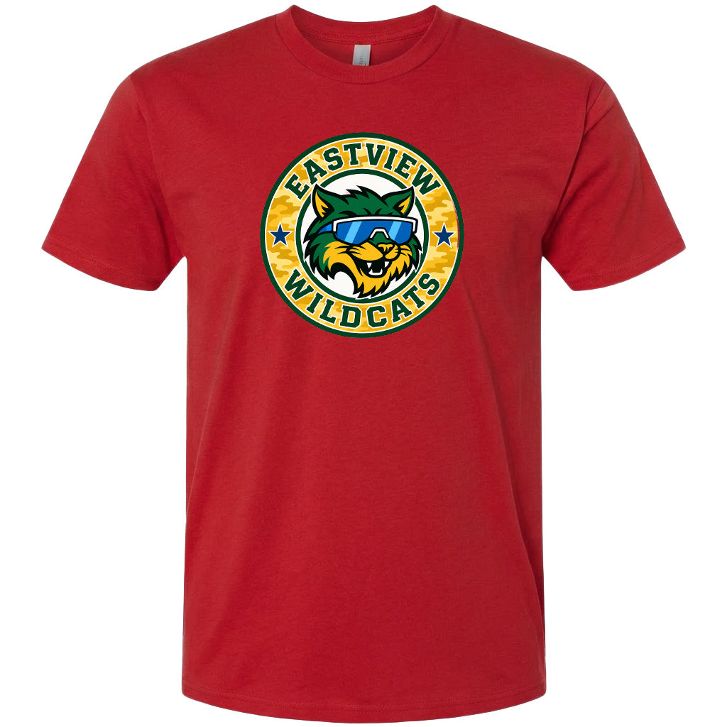 A red t-shirt with a graphic design featuring a cartoon-style wildcat wearing sunglasses and the text "EASTVIEW WILDCATS" around it.