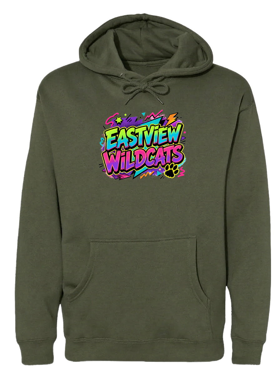 A green hoodie with a colorful graphic design on the front.