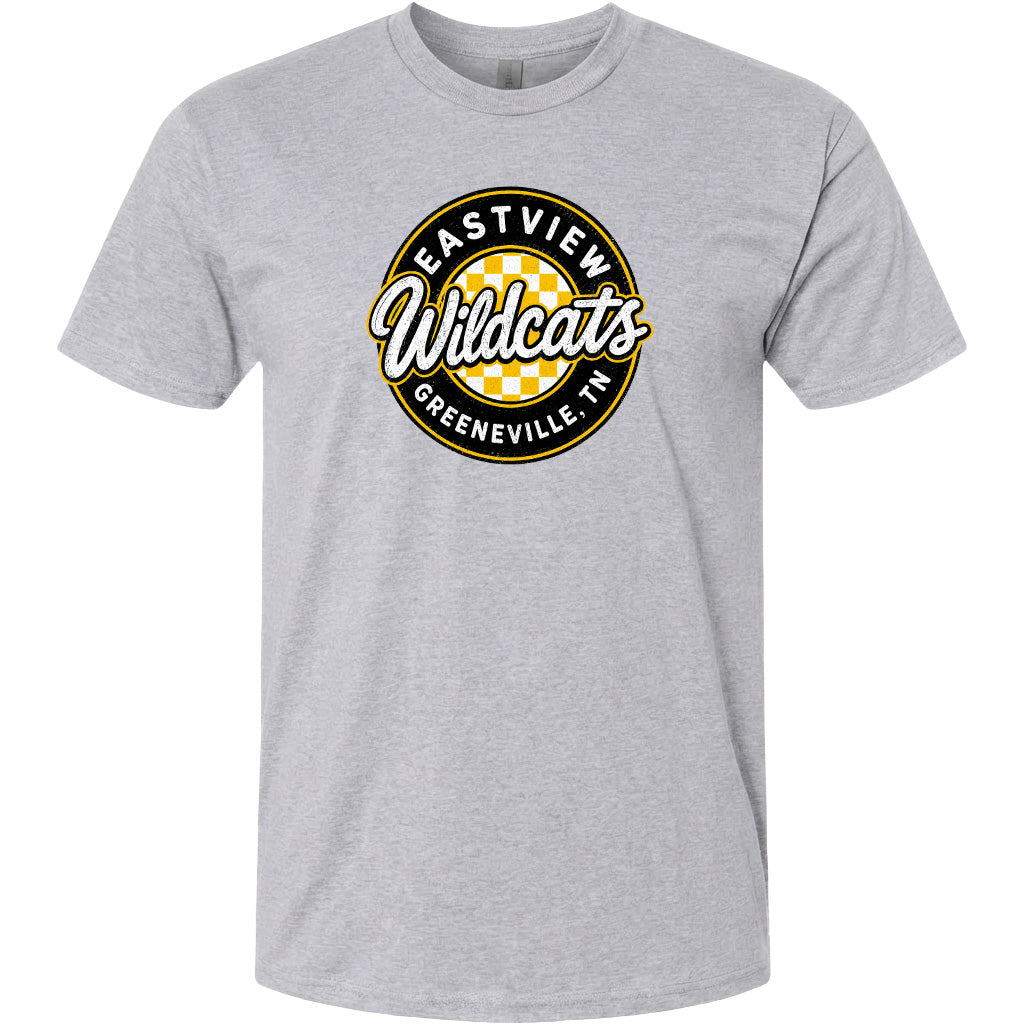 A gray t-shirt with a circular logo that says "EASTVIEW Wildcats Greeneville, TN".