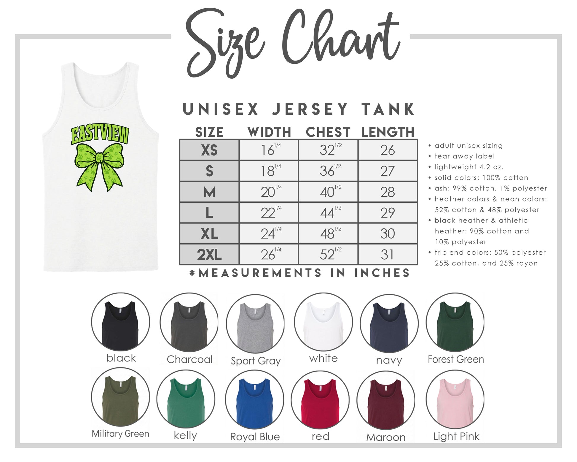 The image is a size chart for a unisex jersey tank, providing measurements and corresponding tank sizes for different chest lengths.