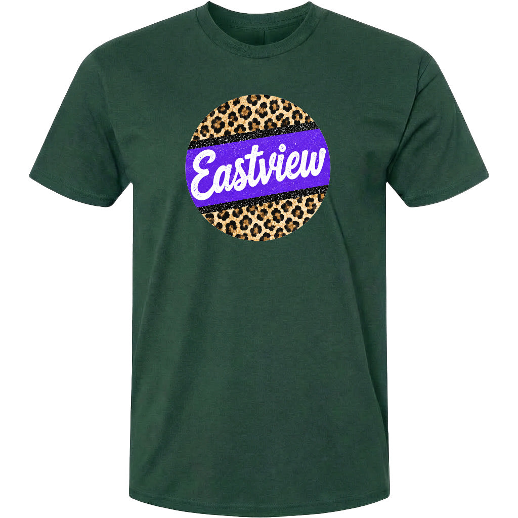A green t-shirt with a circular graphic design featuring a leopard print pattern and the word "Eastview" written in white cursive text.