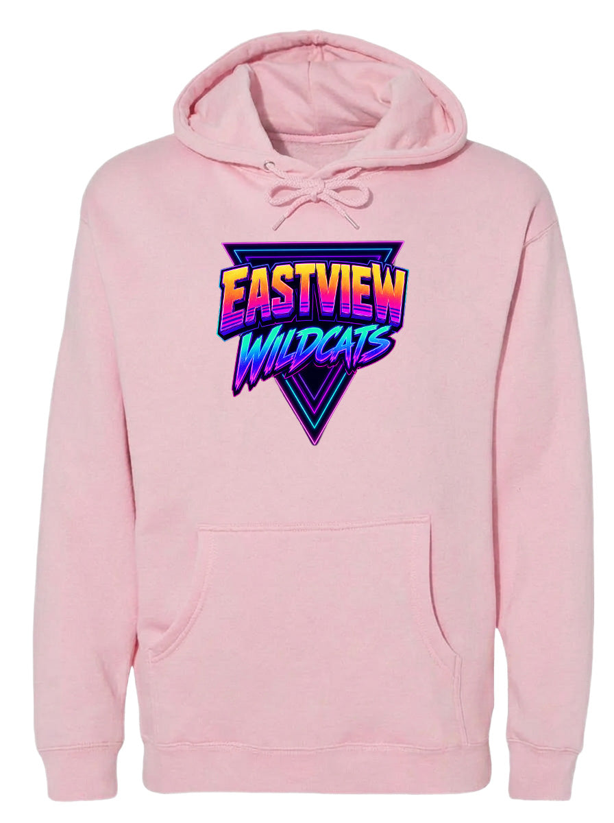 A pink hoodie with a graphic design featuring the text "EASTVIEW WILDCATS" in a retro style.