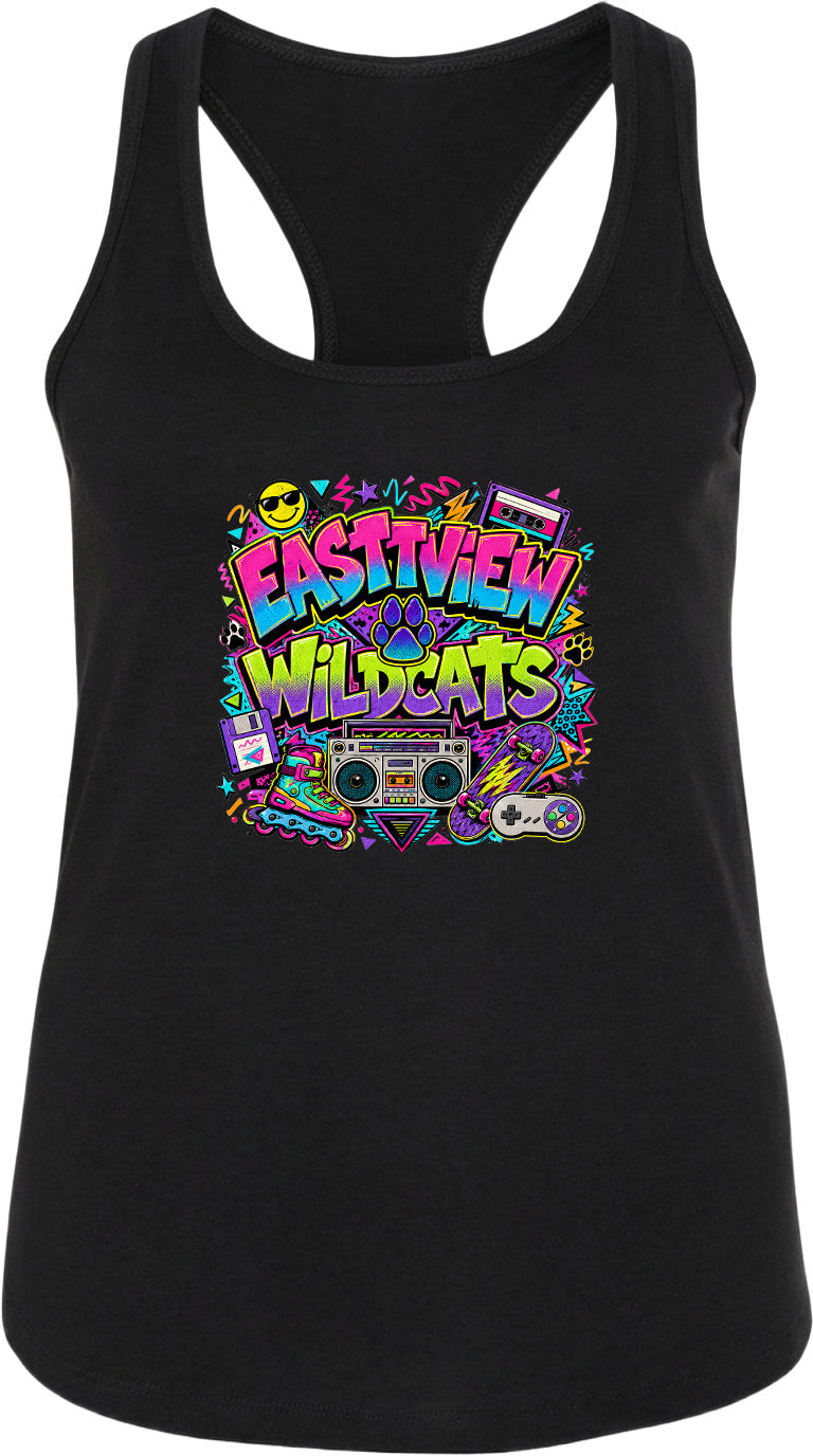 A black tank top with a colorful graphic design featuring the text "EASTVIEW WILDCATS" surrounded by various icons and symbols, such as a boombox, cassette tape, and other retro-style elements.