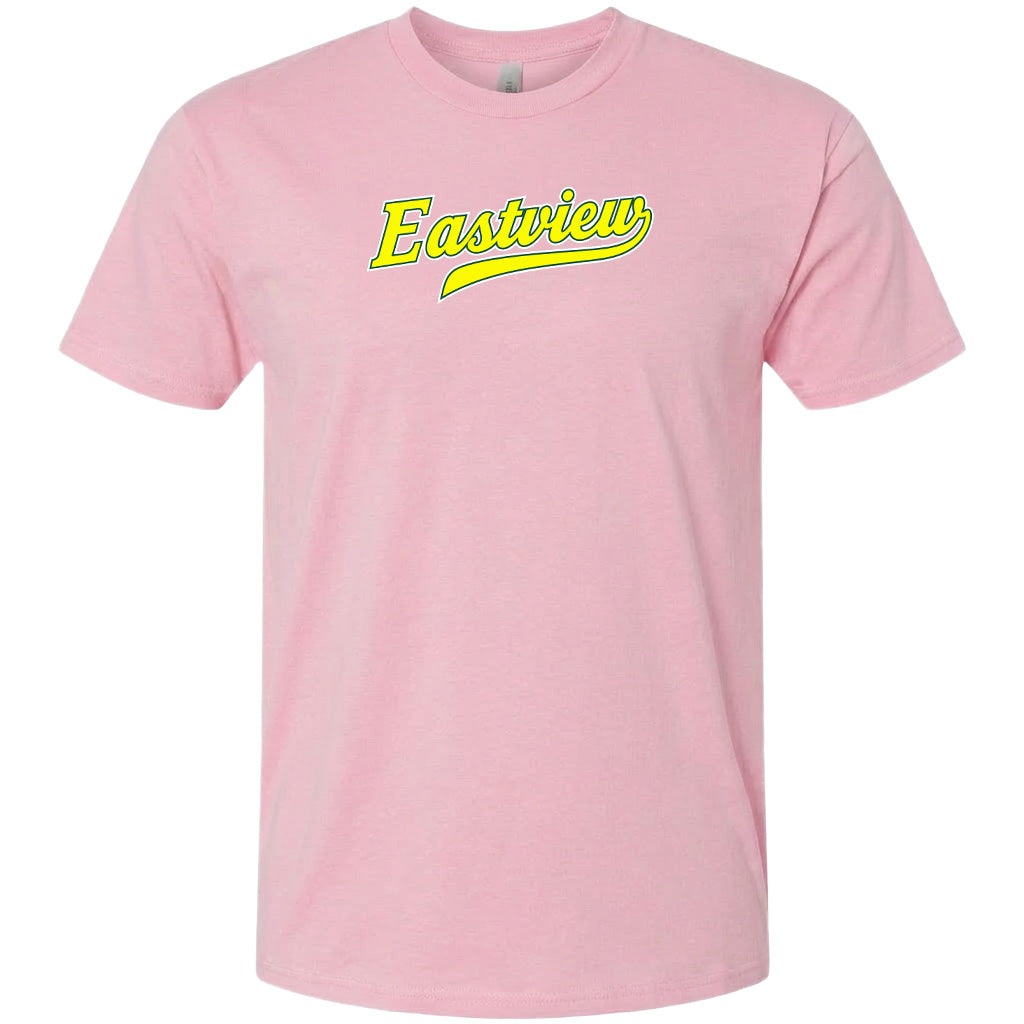 A pink t-shirt with the word "Eastview" printed in yellow on it.