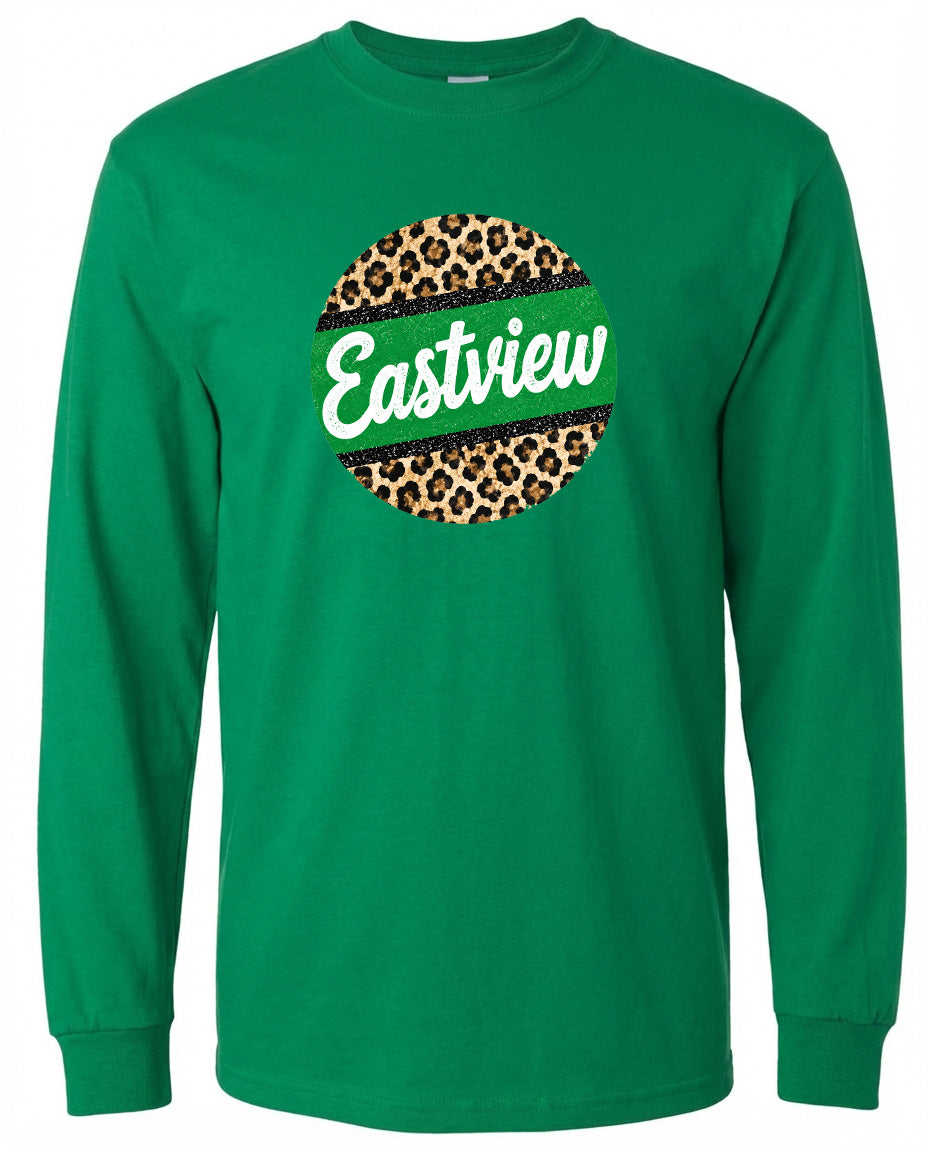 A green long-sleeved shirt with a leopard print design and the word "Eastview" printed on it.
