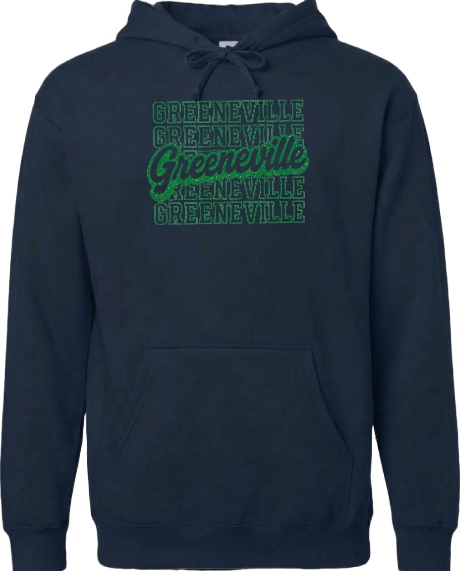 A navy blue hoodie with the text "Greenville" printed in green on the front.