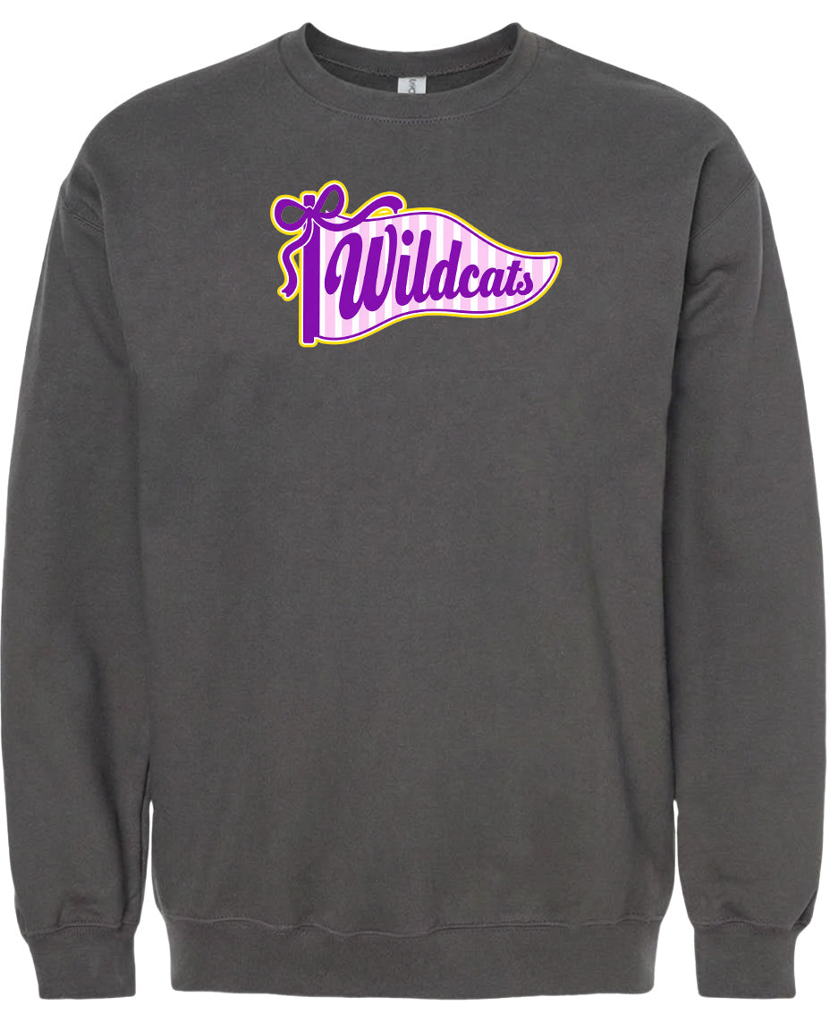 A gray sweatshirt with a purple and yellow graphic design on the front, featuring the text "Wildcats" in a stylized font.