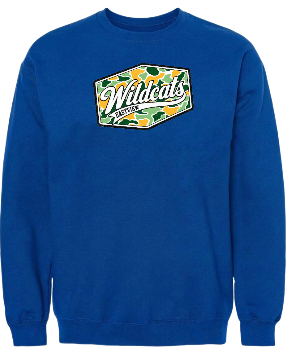 A blue sweatshirt with a graphic design on the front.