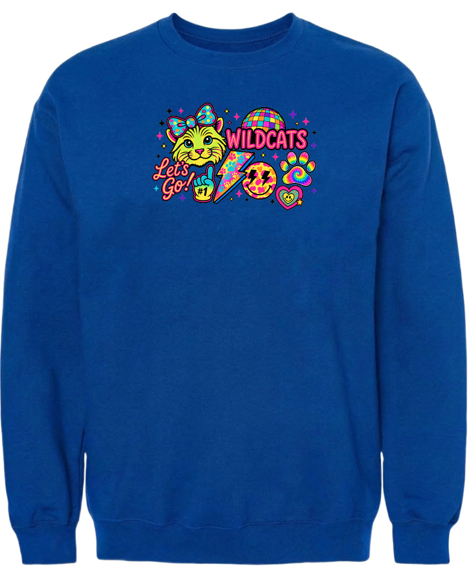 A blue sweatshirt with a colorful graphic design featuring a cat, a rainbow, and various other elements.