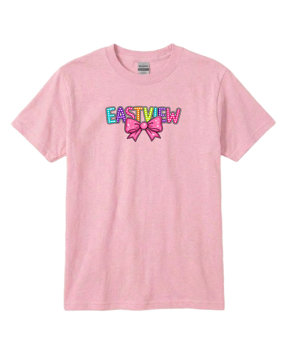 A pink t-shirt with the text "EASTVIEW" printed on it, along with a bow graphic.