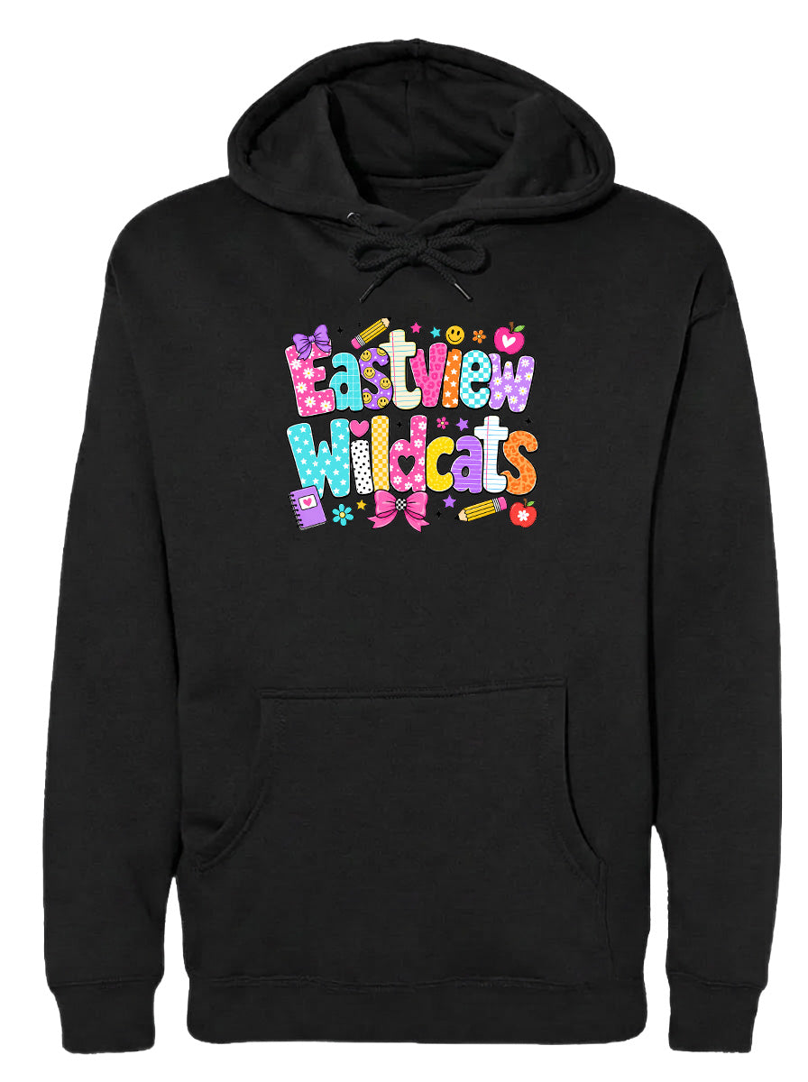 A black hoodie with a colorful graphic design featuring the text "Eastview Wildcats" in a playful, cartoon-like font.