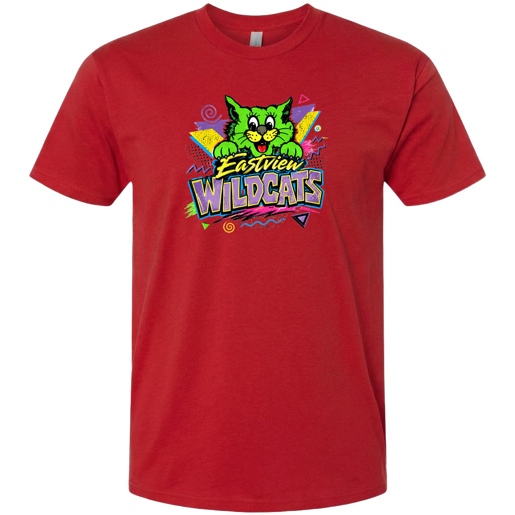 A red t-shirt with a colorful graphic design featuring a cartoon cat and the text "Eastview Wildcats".