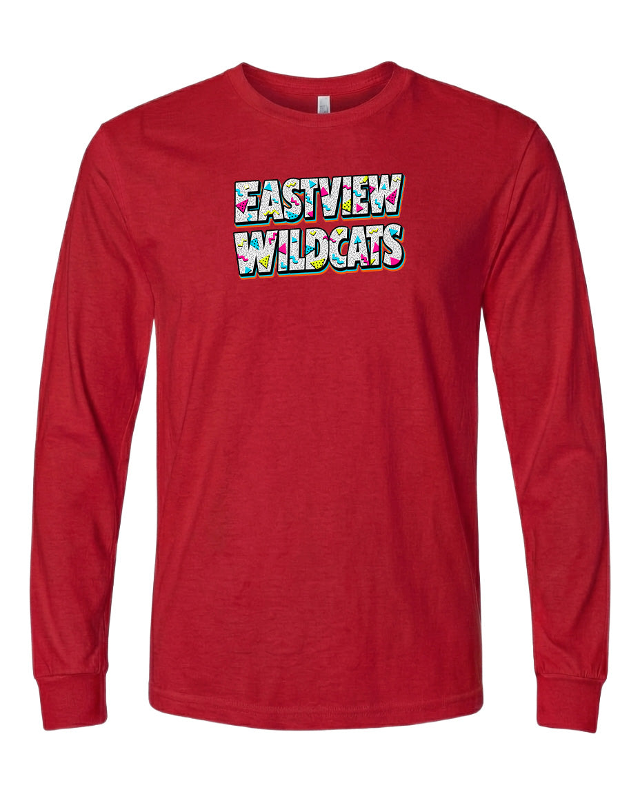 A red long-sleeved t-shirt with the text "EASTVIEW WILDCATS" printed on it.