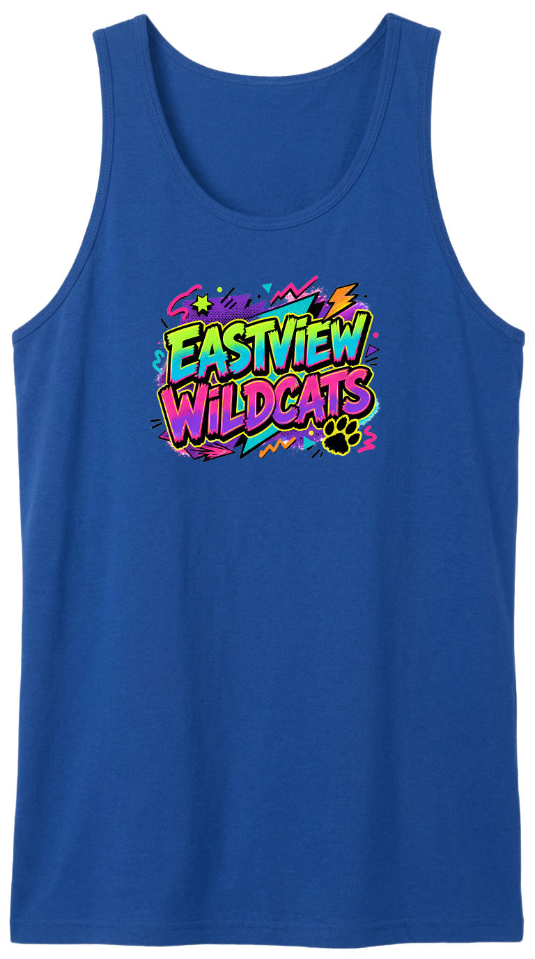 A blue tank top with a colorful graphic design featuring the text "EASTVIEW WILDCATS" in a vibrant, retro-style font.