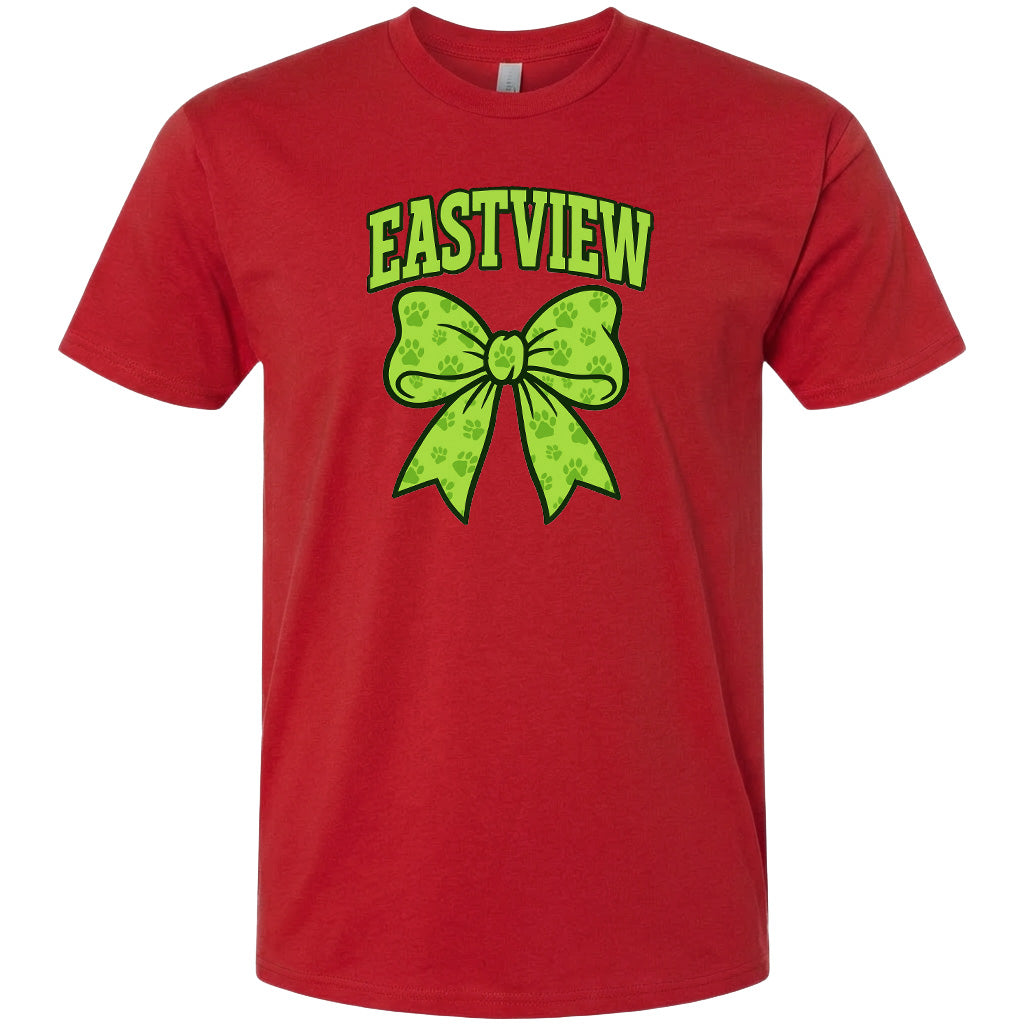 A red t-shirt with a green bow and the text "EASTVIEW" printed on it.