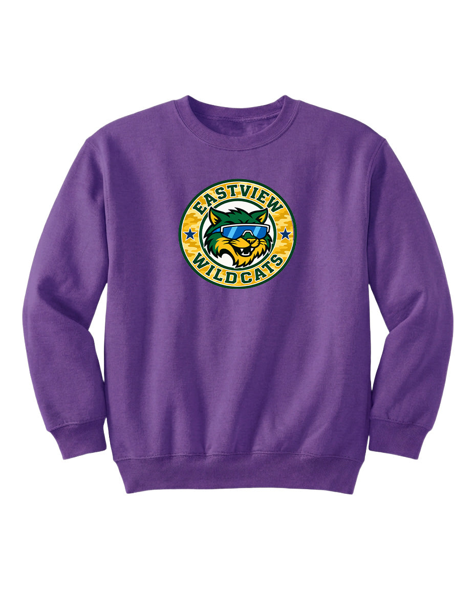 A purple sweatshirt with a logo on the front.