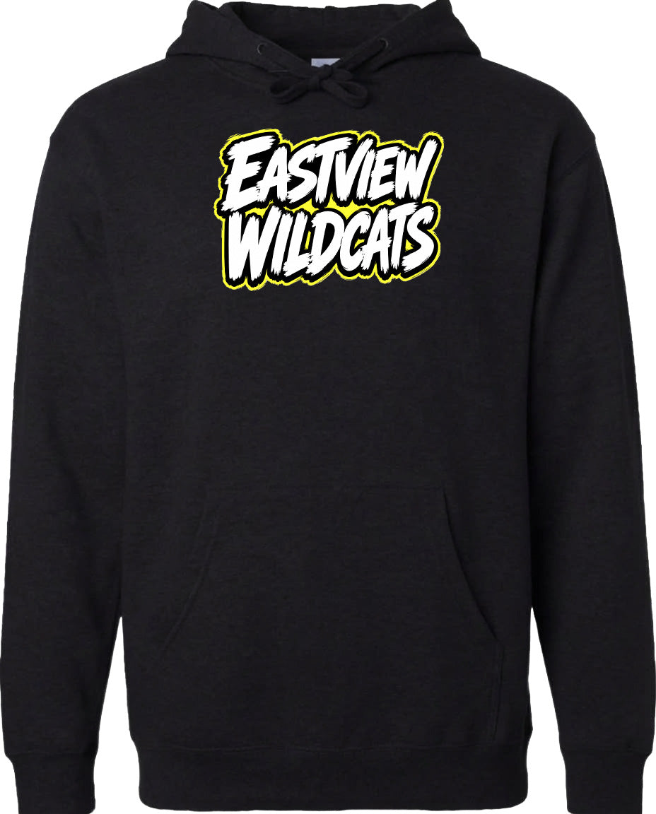 A black hoodie with a yellow and white logo that says "Eastview Wildcats".