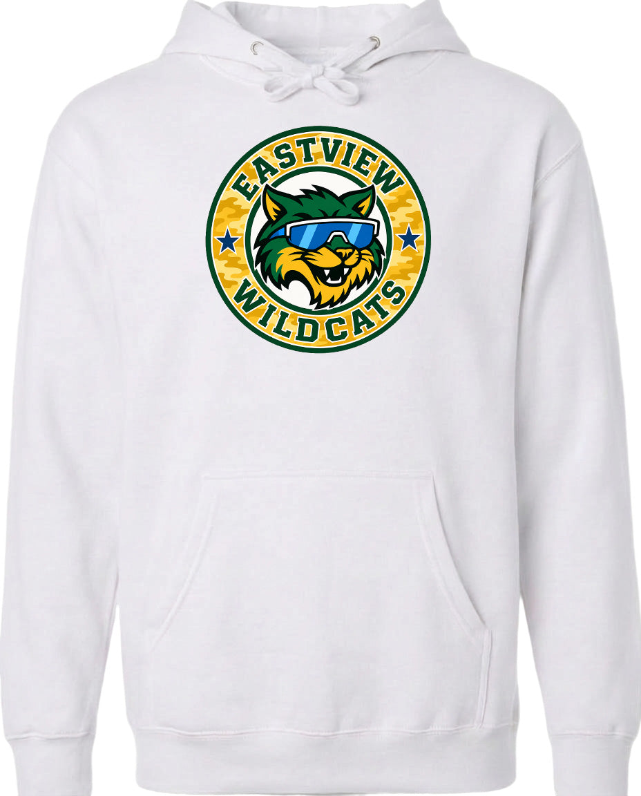 A white hoodie with a circular logo featuring a cartoon cat wearing sunglasses and the text "EASTVIEW WILDCATS".