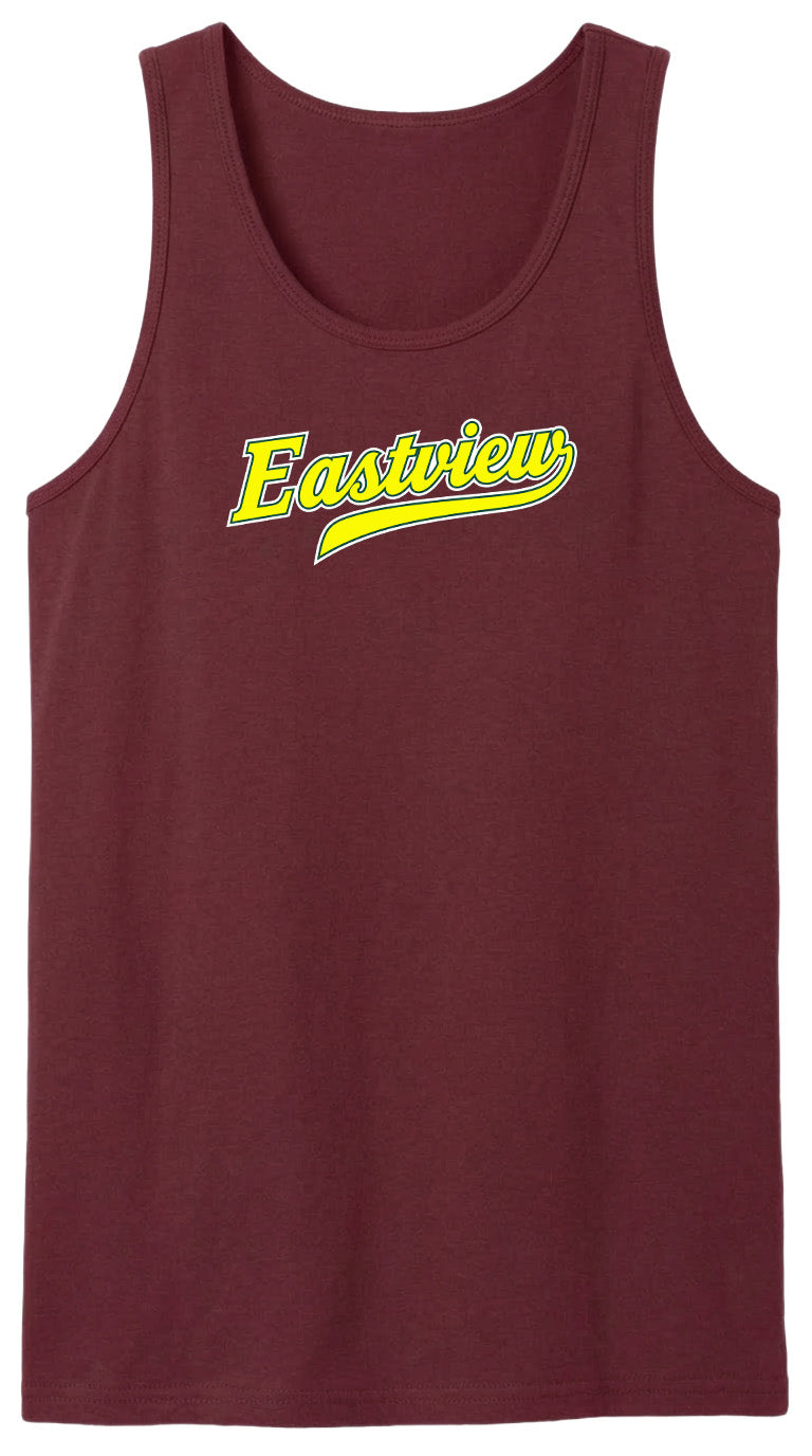 A burgundy-colored tank top with the word "Eastview" printed in yellow on it.