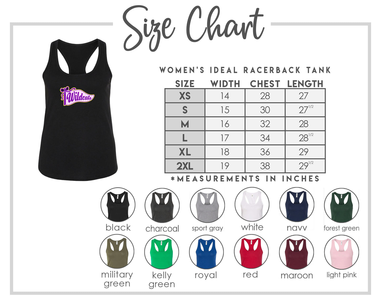 The image is a size chart for a women's ideal racerback tank, including various color options and corresponding chest length measurements in inches.