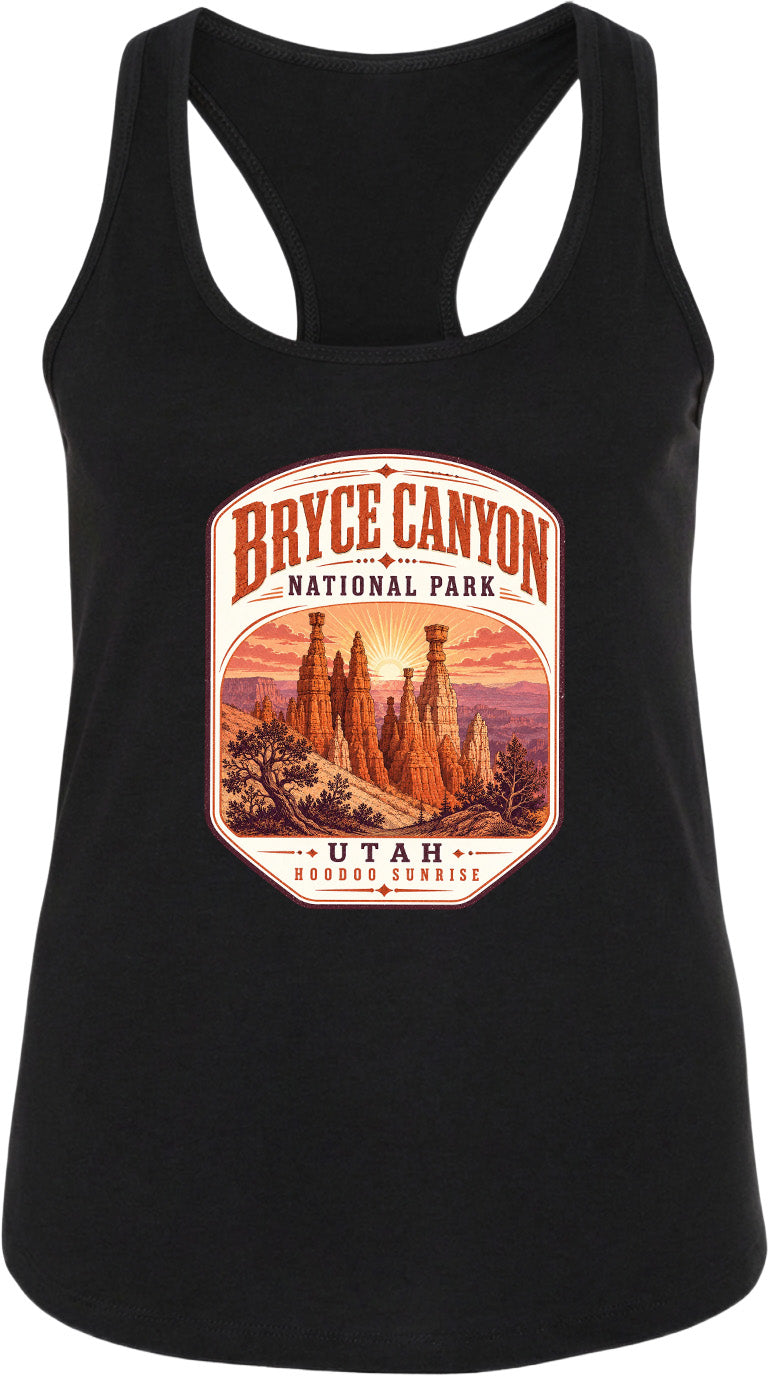A black tank top with a graphic design depicting Bryce Canyon National Park and Utah Hoodoo Sunset.