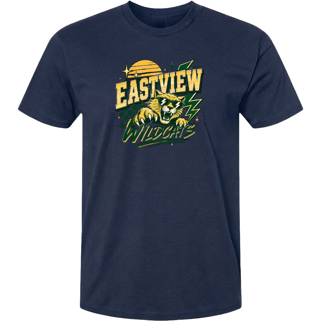 A navy blue t-shirt with a graphic design featuring a stylized tiger or wildcat in yellow and green colors, along with the text "EASTVIEW WILDCATS" printed on it.