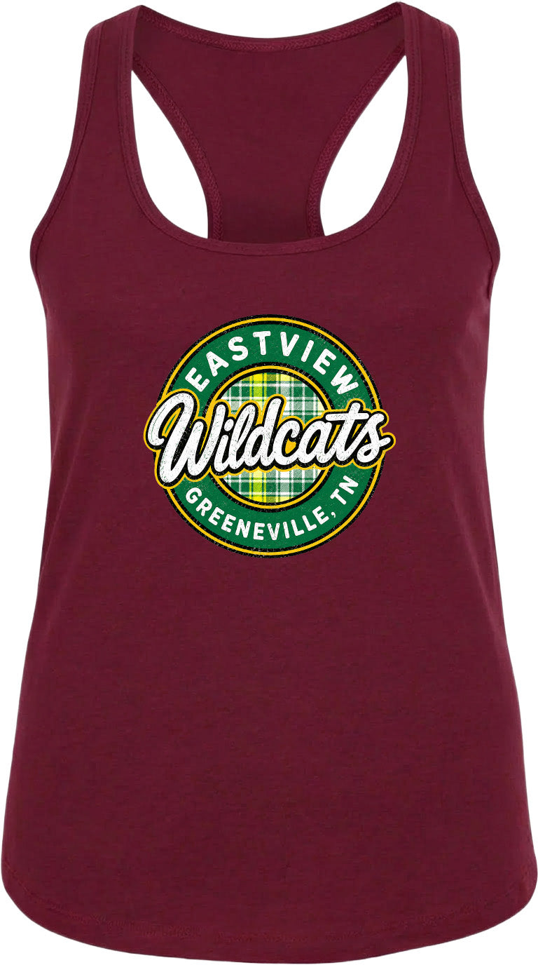 A burgundy tank top with a graphic design featuring the text "EASTVIEW Wildcats" and "Greeneville, TN" printed on it.