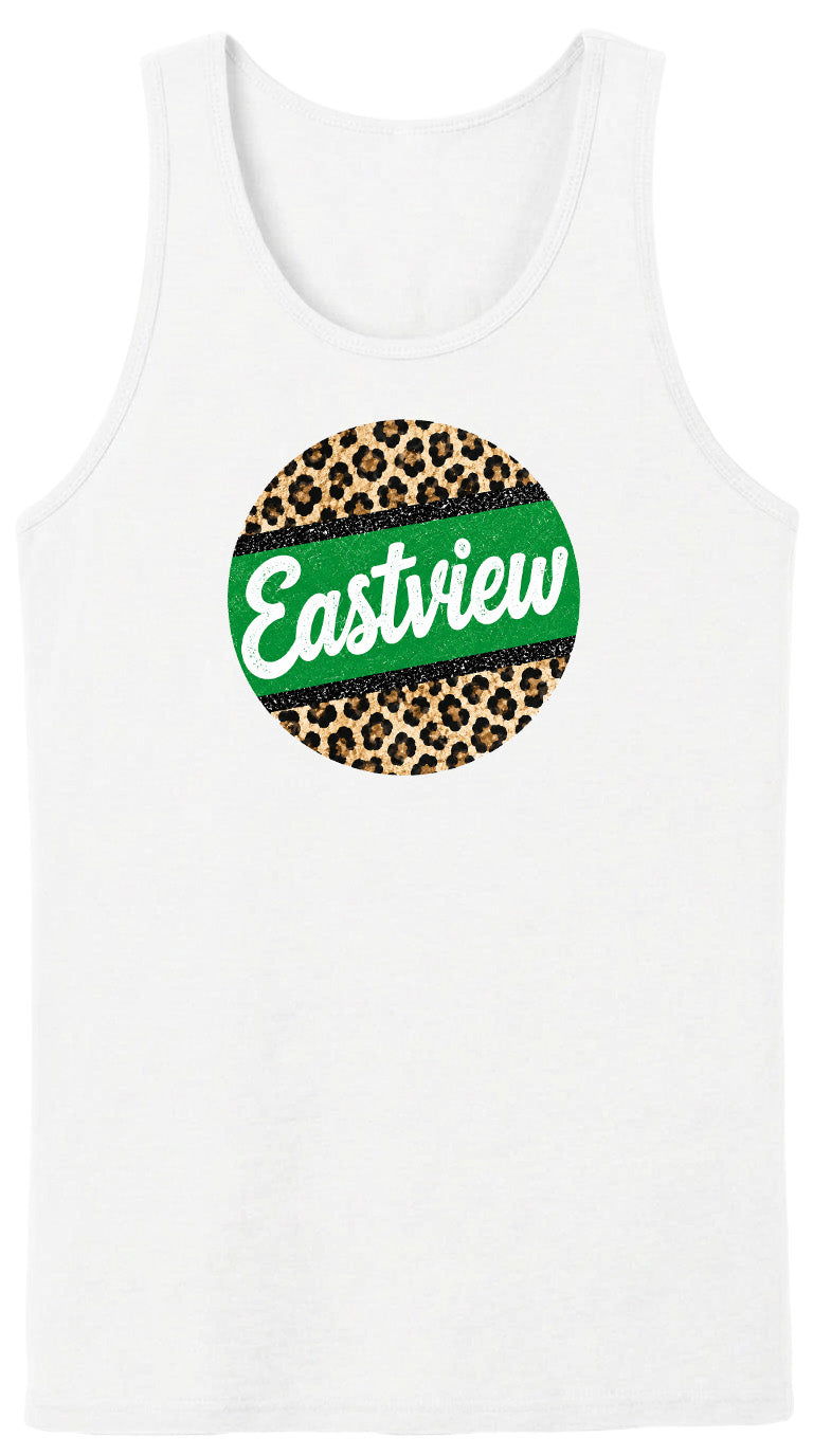 A white tank top with a circular design featuring a leopard print pattern and the word "Eastview" written in green text.