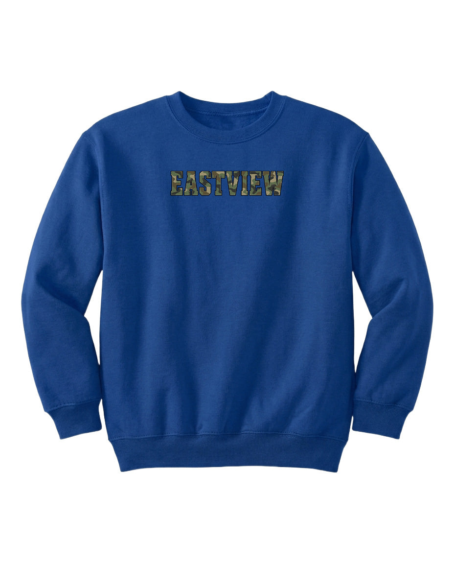 A blue sweatshirt with the word "EASTVIEW" printed on it.