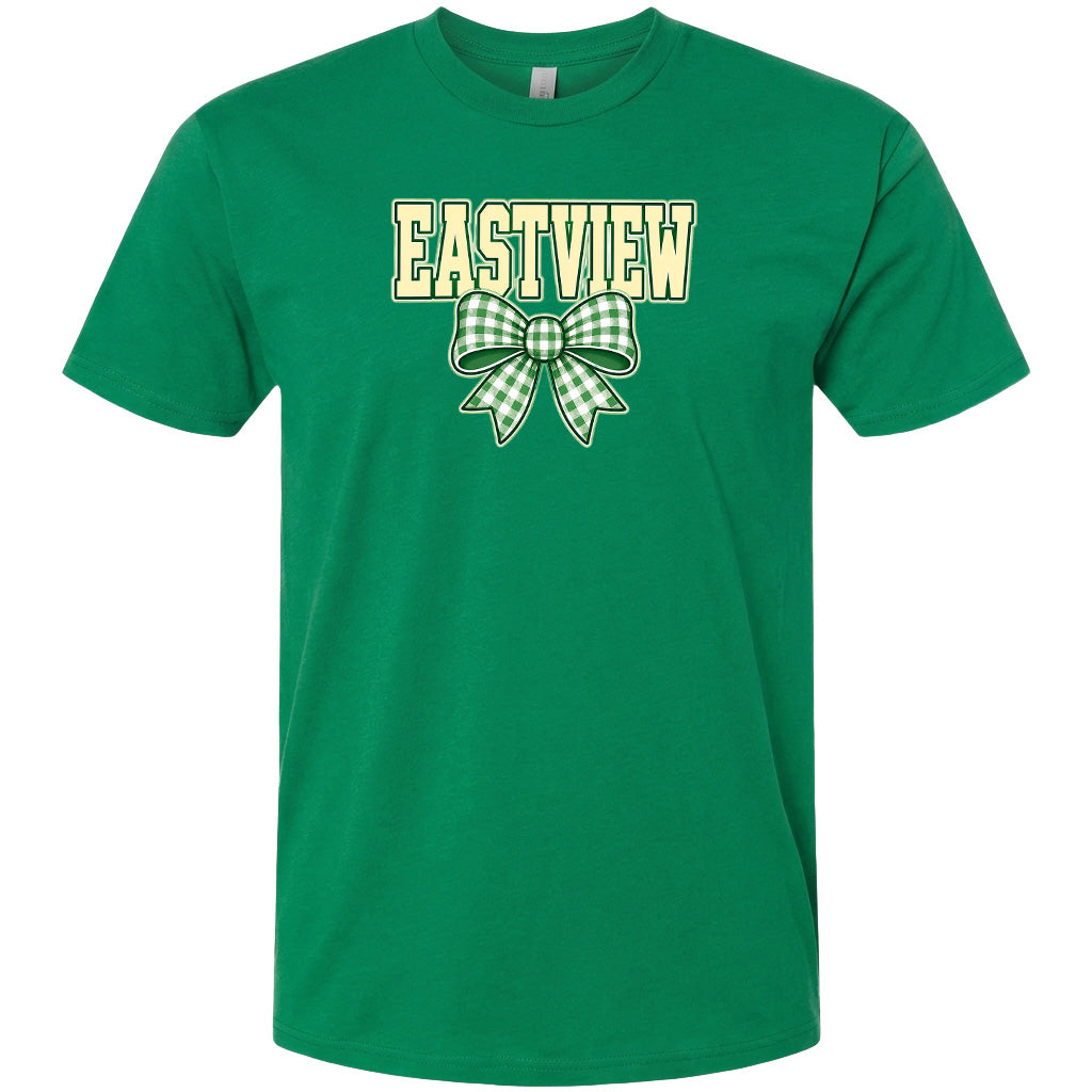 A green t-shirt with a bow and the word "EASTVIEW" printed on it.