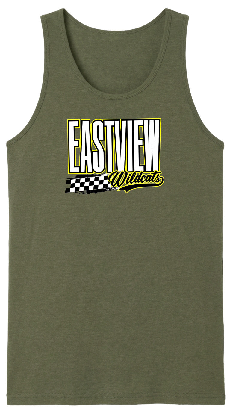A green tank top with a graphic design featuring the text "EASTVIEW Wildcats" in a stylized font.