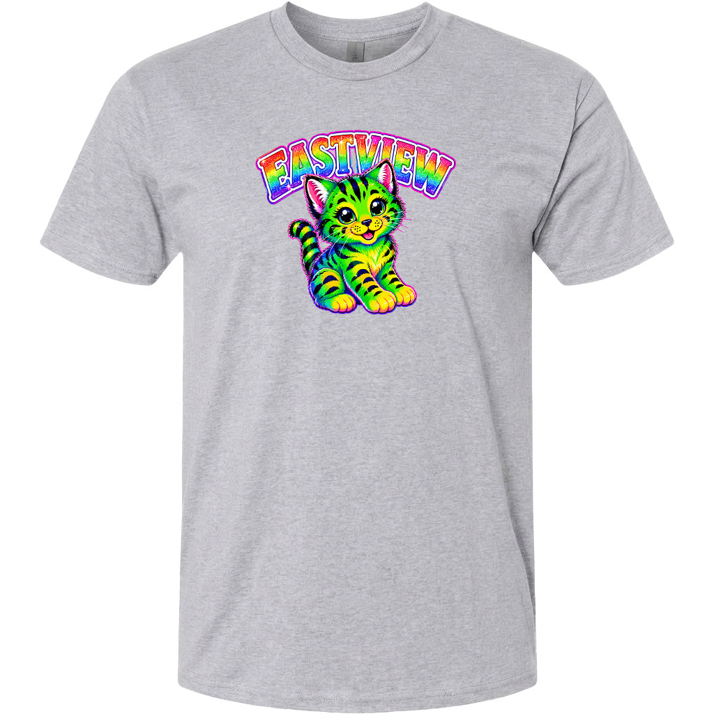 A gray t-shirt with a colorful graphic of a cat and the text "EASTVIEW" printed on it.