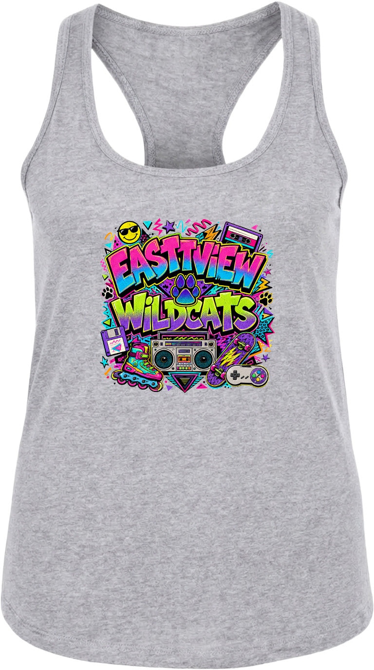 A gray tank top with a colorful graphic design featuring the text "EASTVIEW WILDCATS" surrounded by various icons and symbols, such as a boombox, sunglasses, and a lightning bolt.