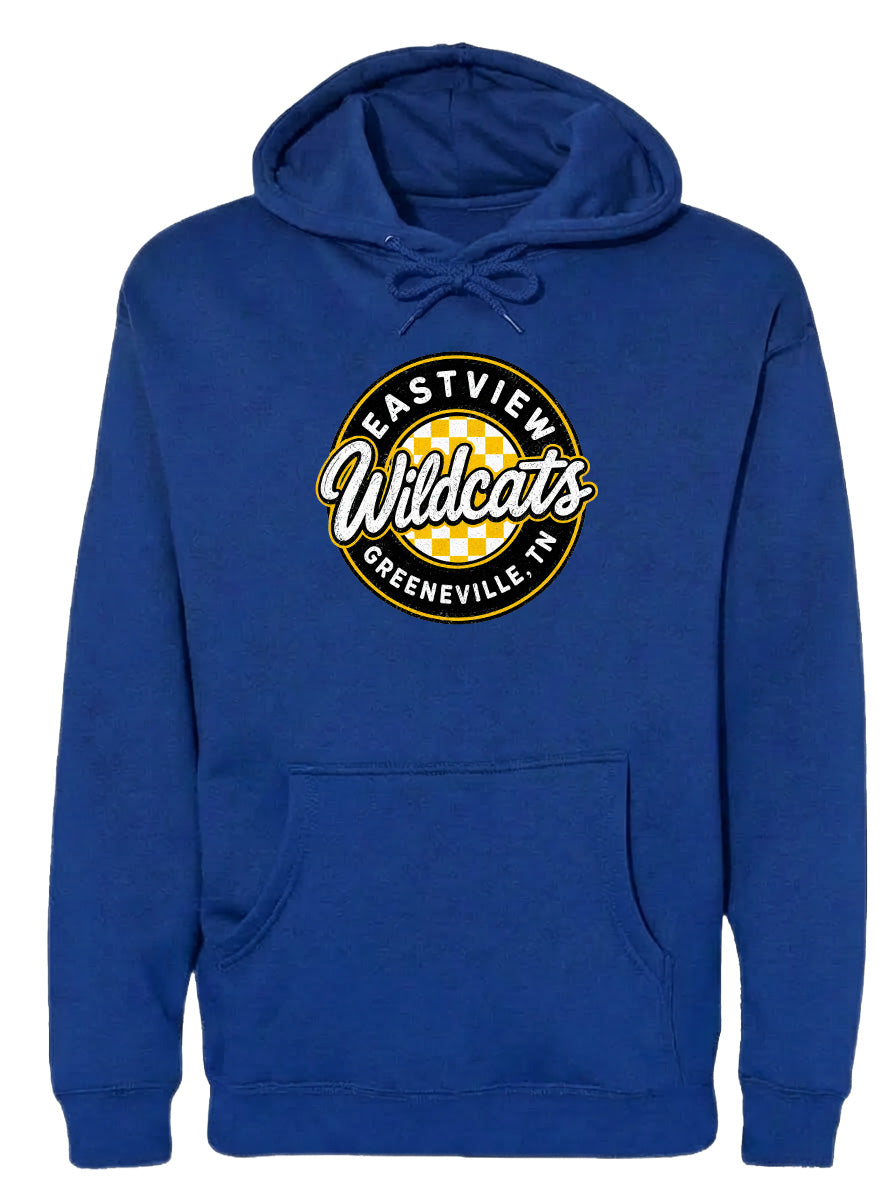 A blue hoodie with a logo that says "EASTVIEW Wildcats Greeneville IN".