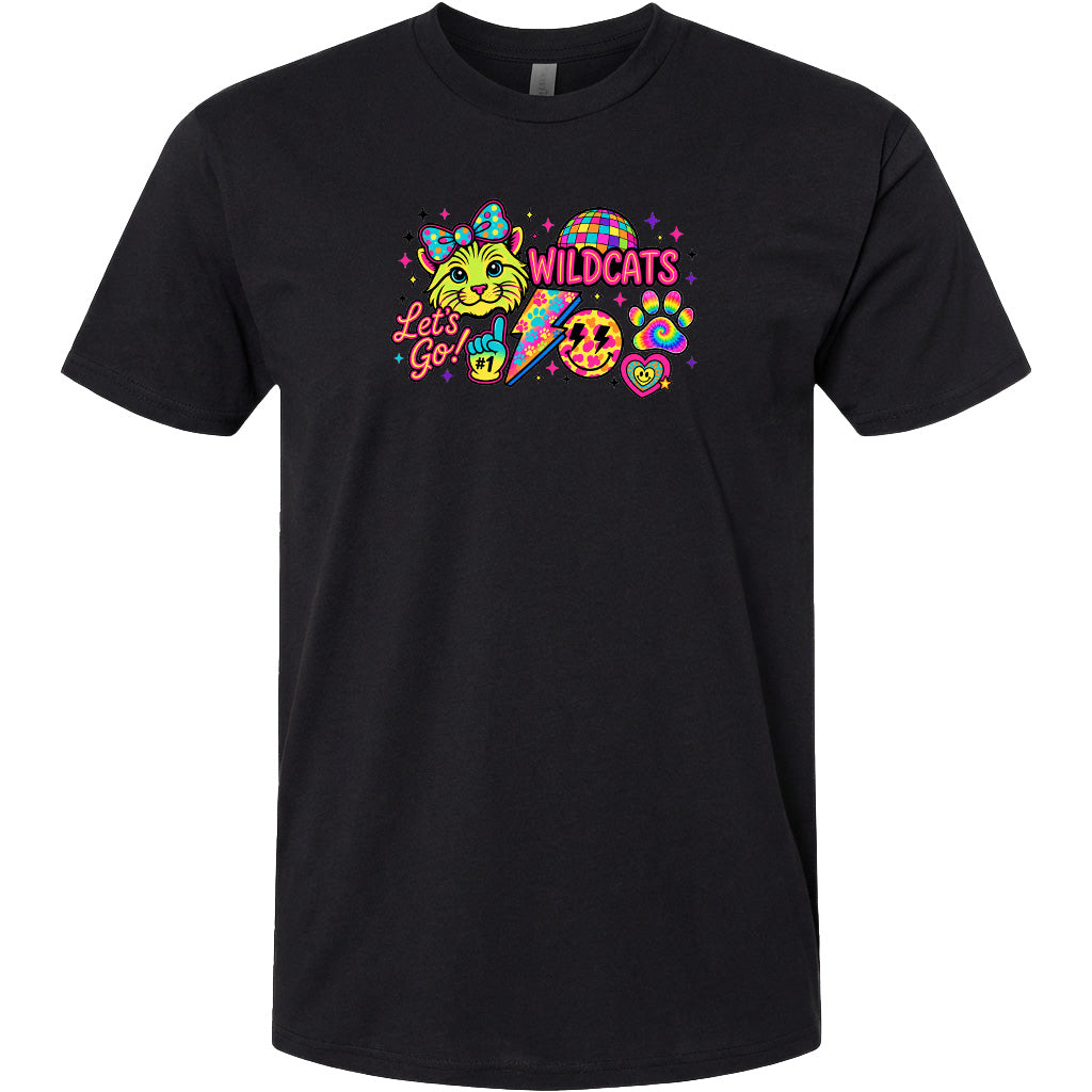 A black t-shirt with a colorful graphic design featuring a cat, a rainbow, and various other elements.