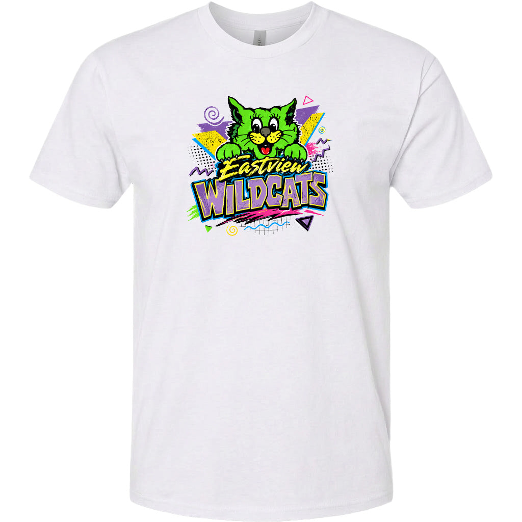 A white t-shirt with a colorful graphic design featuring a cartoon cat and the text "Eastview Wildcats".