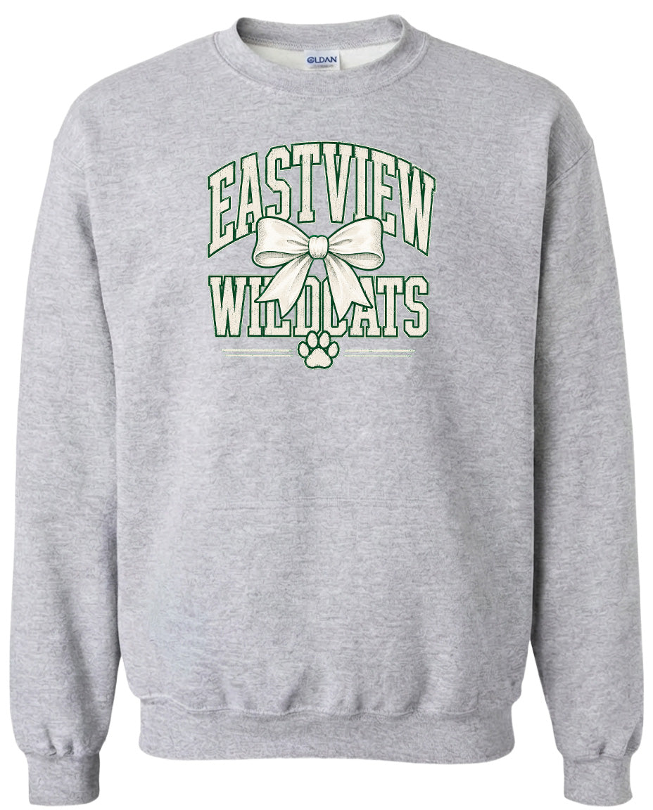 A gray sweatshirt with a graphic design featuring the text "EASTVIEW WILDCATS" and a bow.