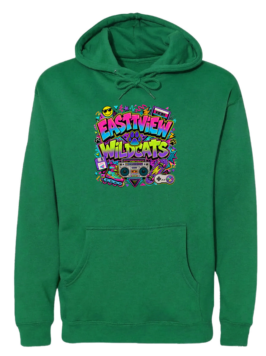 A green hoodie with a colorful graphic design featuring a boombox, sunglasses, and other retro-style elements.
