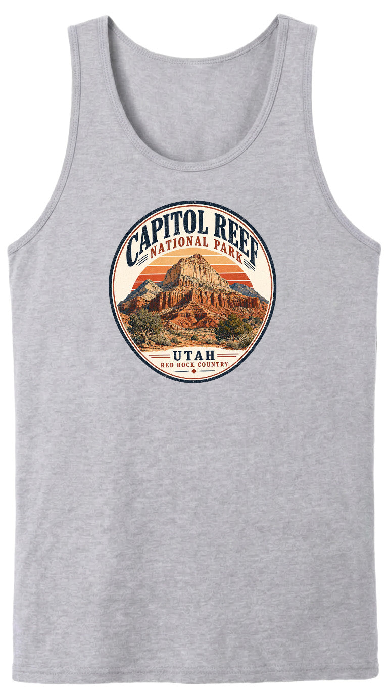 A gray tank top with a circular design featuring the Capitol Reef National Park in Utah.