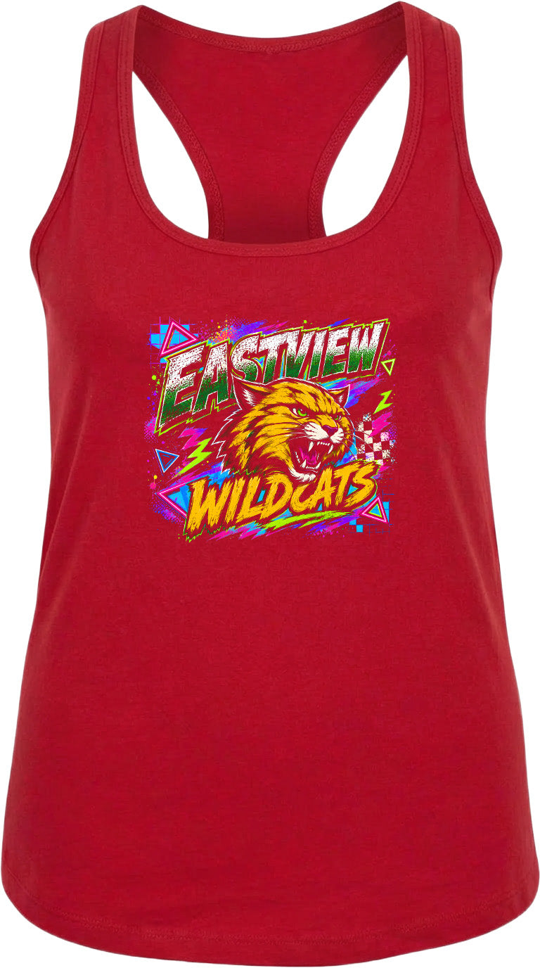 A red tank top with a graphic design featuring a cat's face and the text "EASTVIEW WILDCATS".