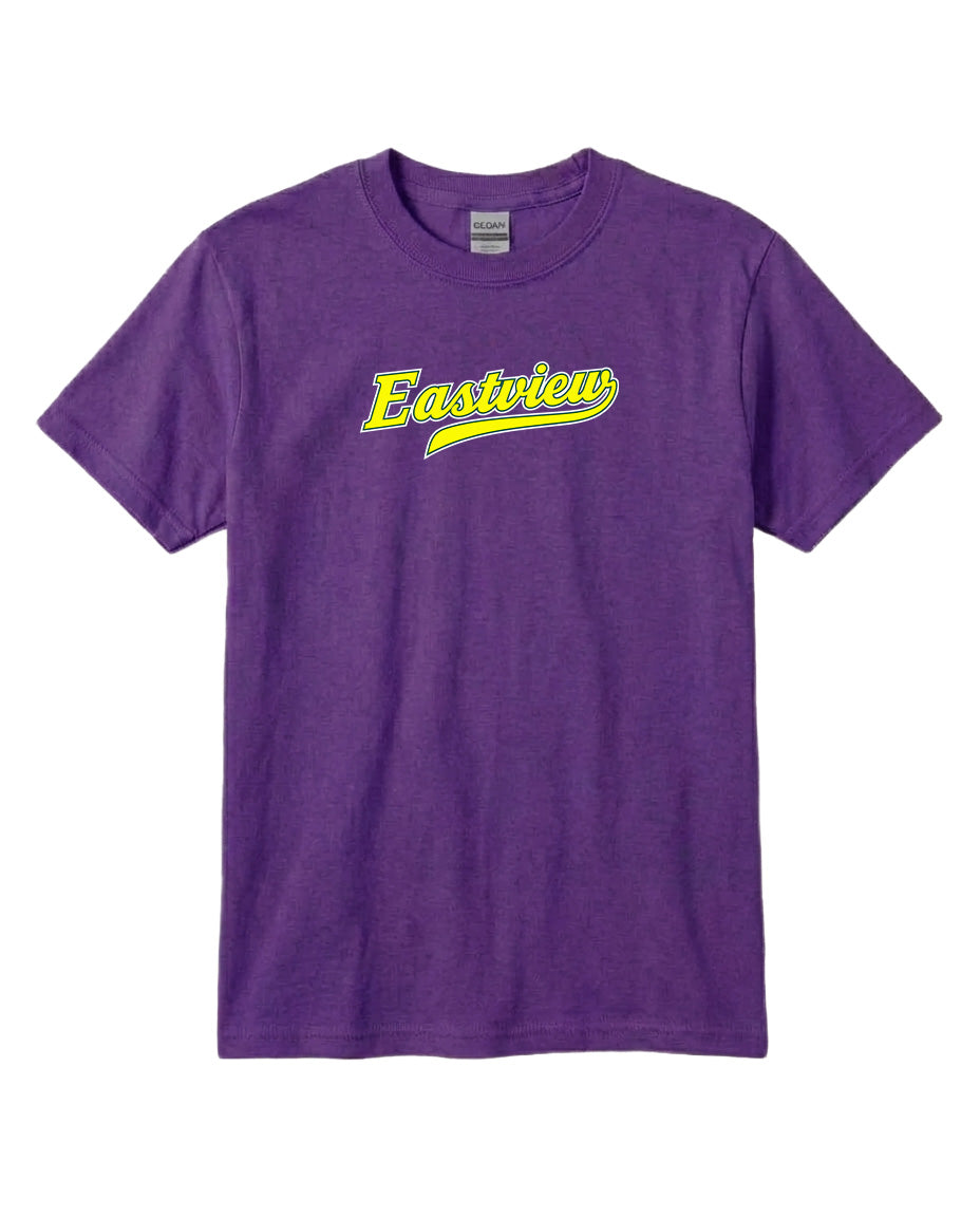A purple t-shirt with the word "Eastview" printed in yellow on it.