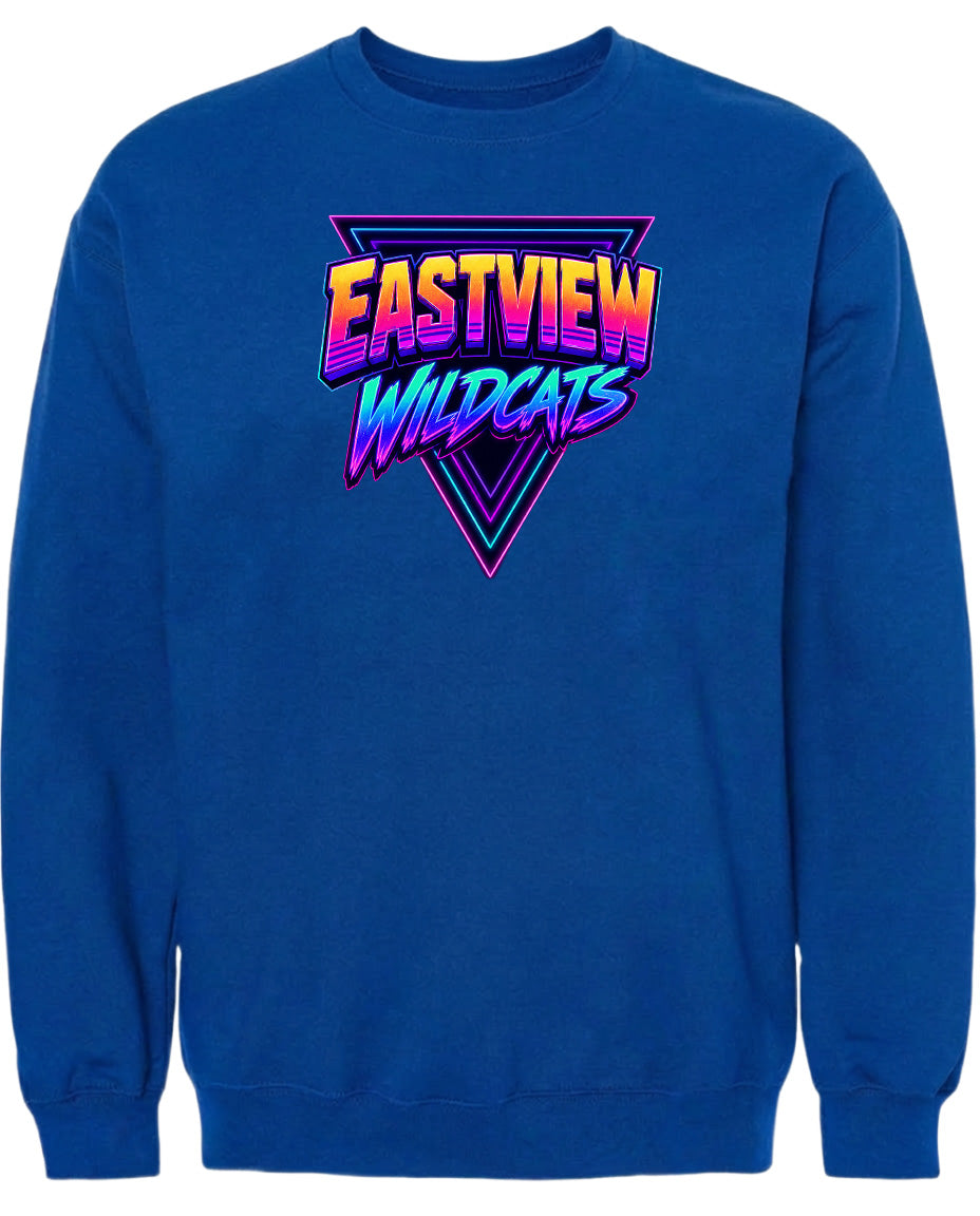 A blue sweatshirt with a graphic design featuring the text "EASTVIEW WILDCATS" in a stylized font.
