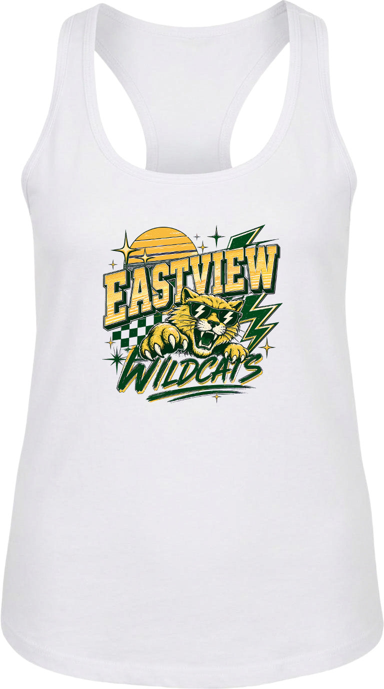 A white tank top with a graphic design featuring a cat and the text "EASTVIEW WILDCATS".