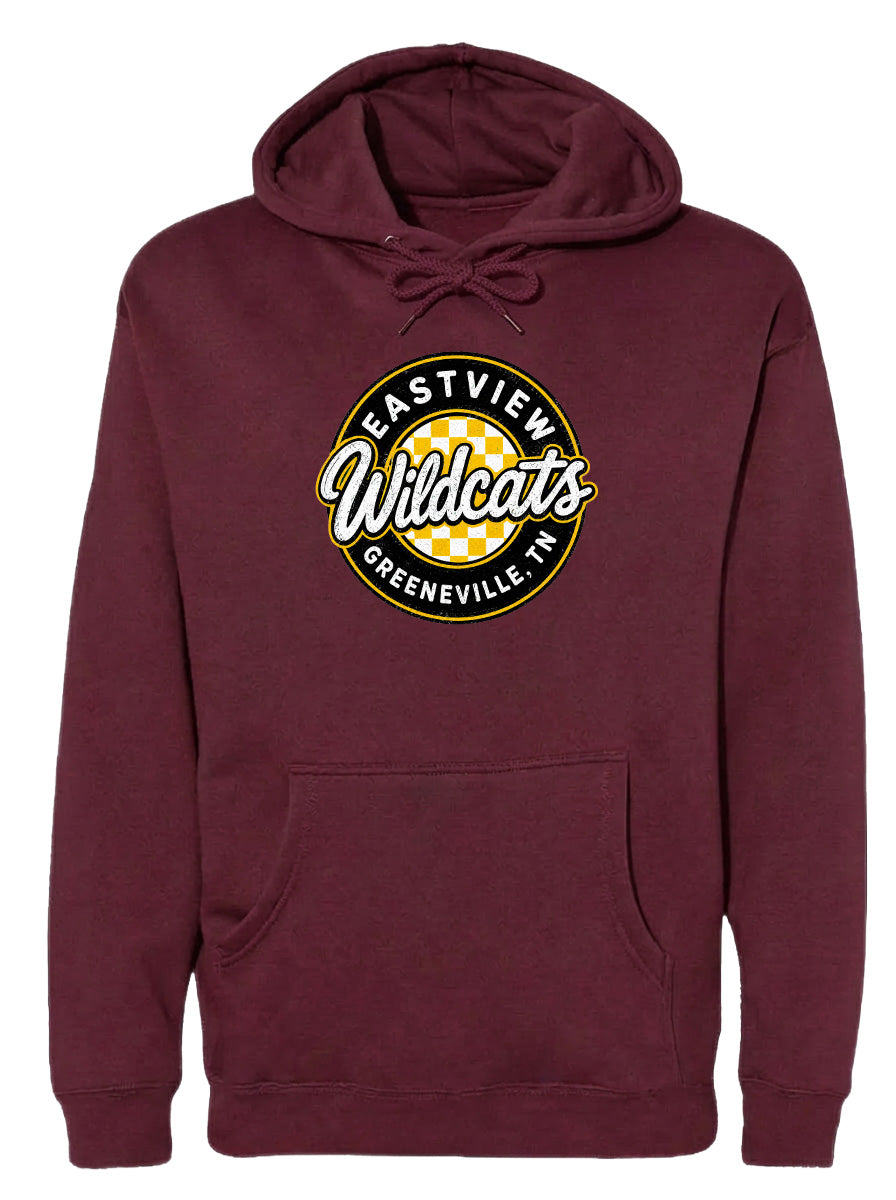 A burgundy-colored hoodie with a circular logo on the front. The logo features the text "EASTVIEW Wildcats" and "GREENVILLE, TENN."