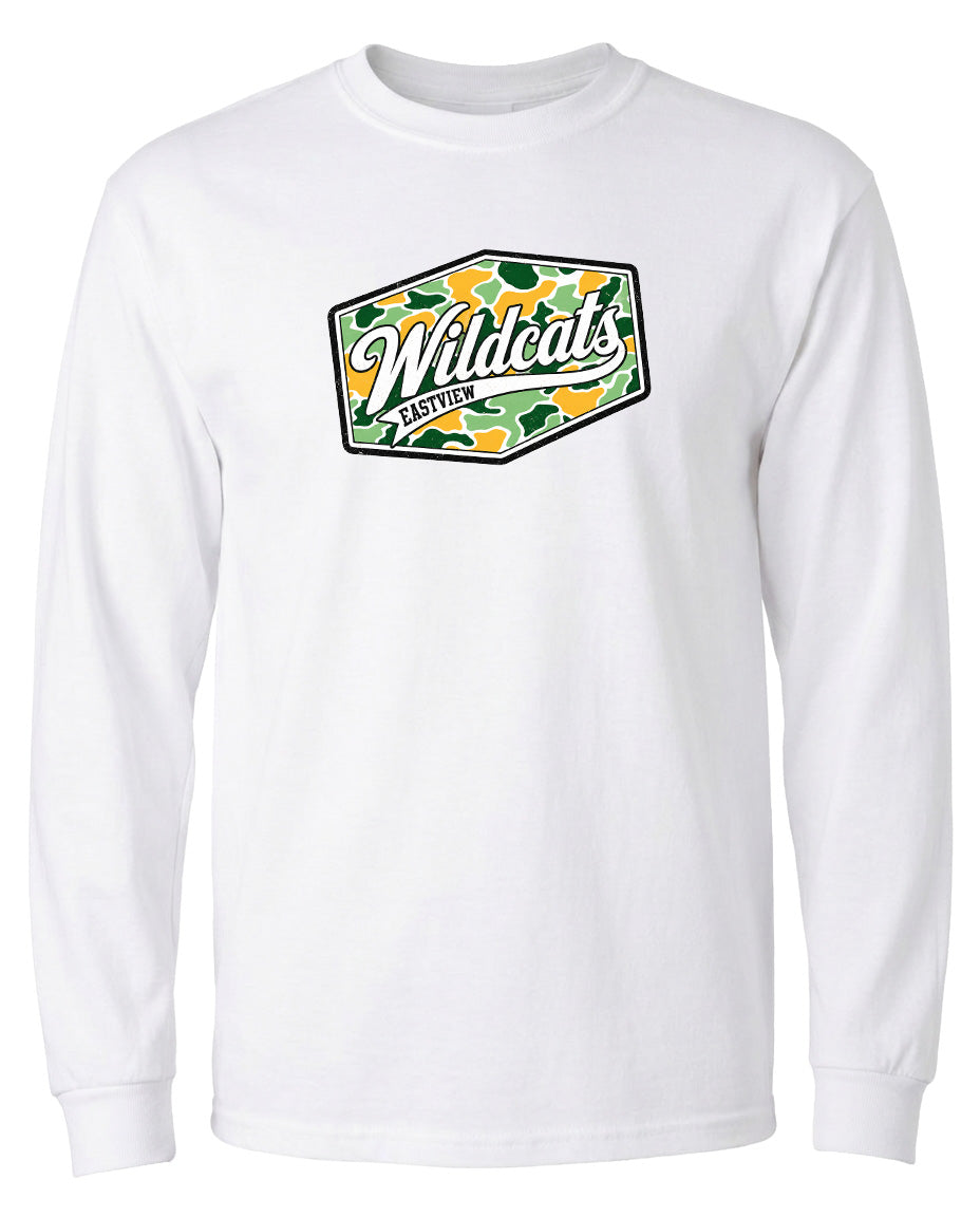 A white long-sleeved t-shirt with a graphic design featuring the text "Wildcats" and a camouflage pattern.