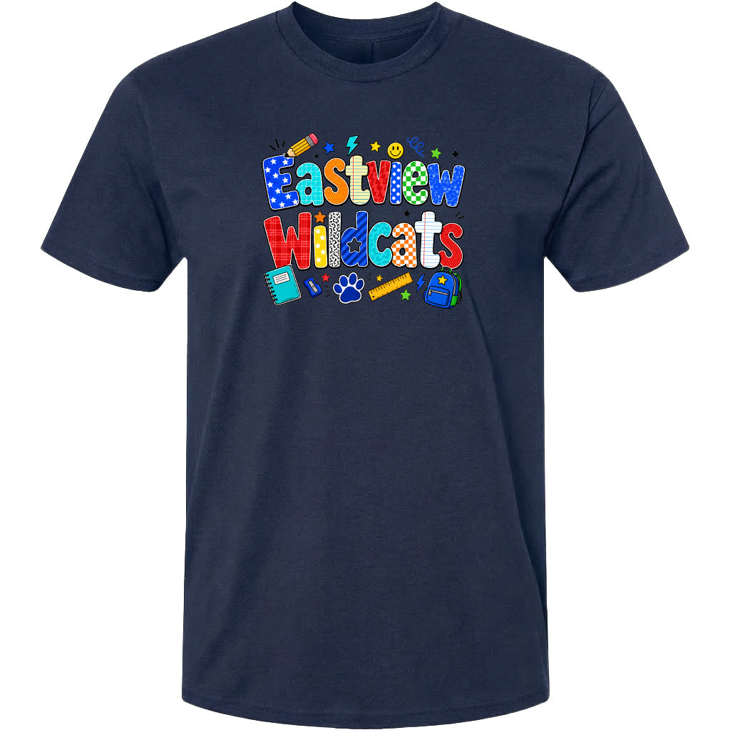A navy blue t-shirt with a colorful graphic design featuring the text "Eastview Wildcats" and various school-related icons such as a pencil, backpack, and book.