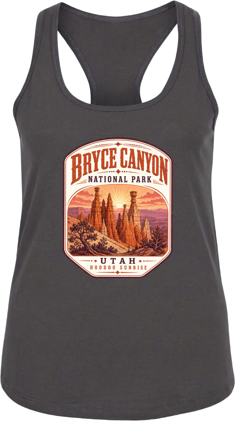 A gray tank top with a graphic design depicting Bryce Canyon National Park and Utah Hoodoo Sunset.
