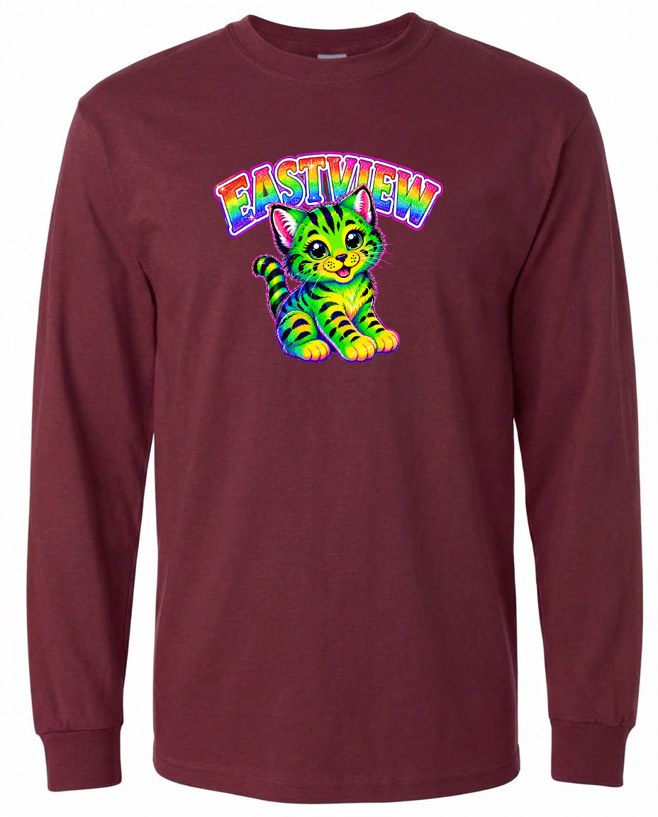 A long-sleeved burgundy-colored t-shirt with a colorful graphic of a cat and the text "EASTVIEW" printed on it.