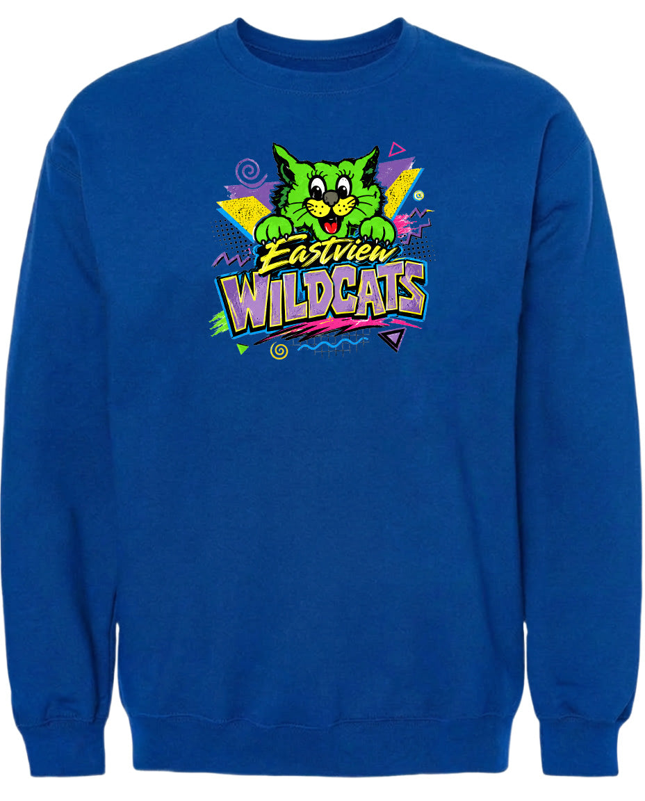 A blue sweatshirt with a colorful graphic design featuring a cartoon cat and the text "Eastview Wildcats".
