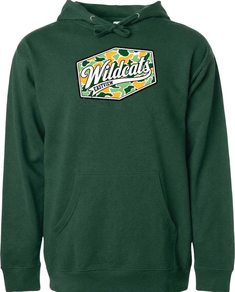 A green hoodie with a logo on the front.
